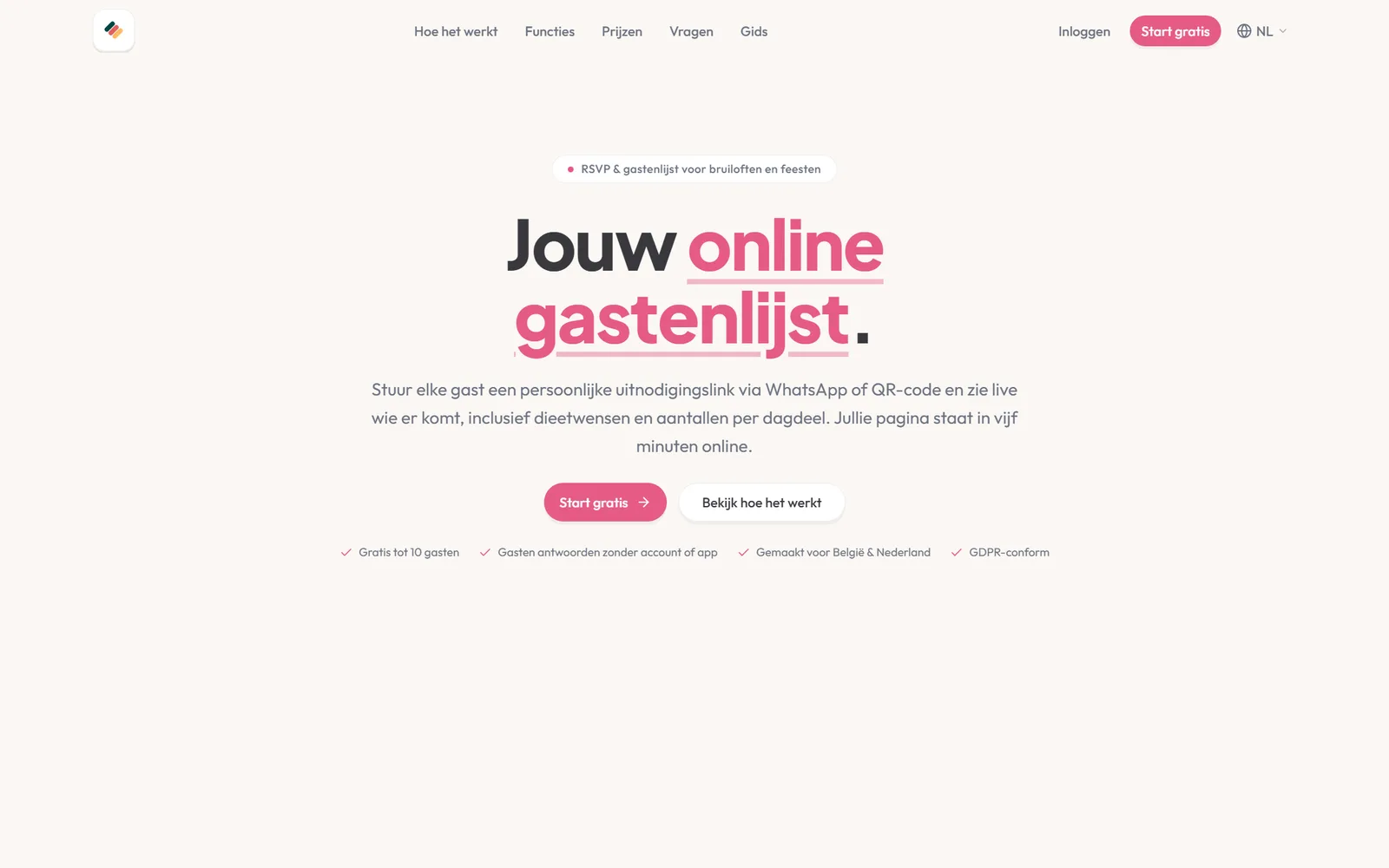 Screenshot van Uitgenodigd.be, de RSVP- en gastenlijsttool voor bruiloften en feesten